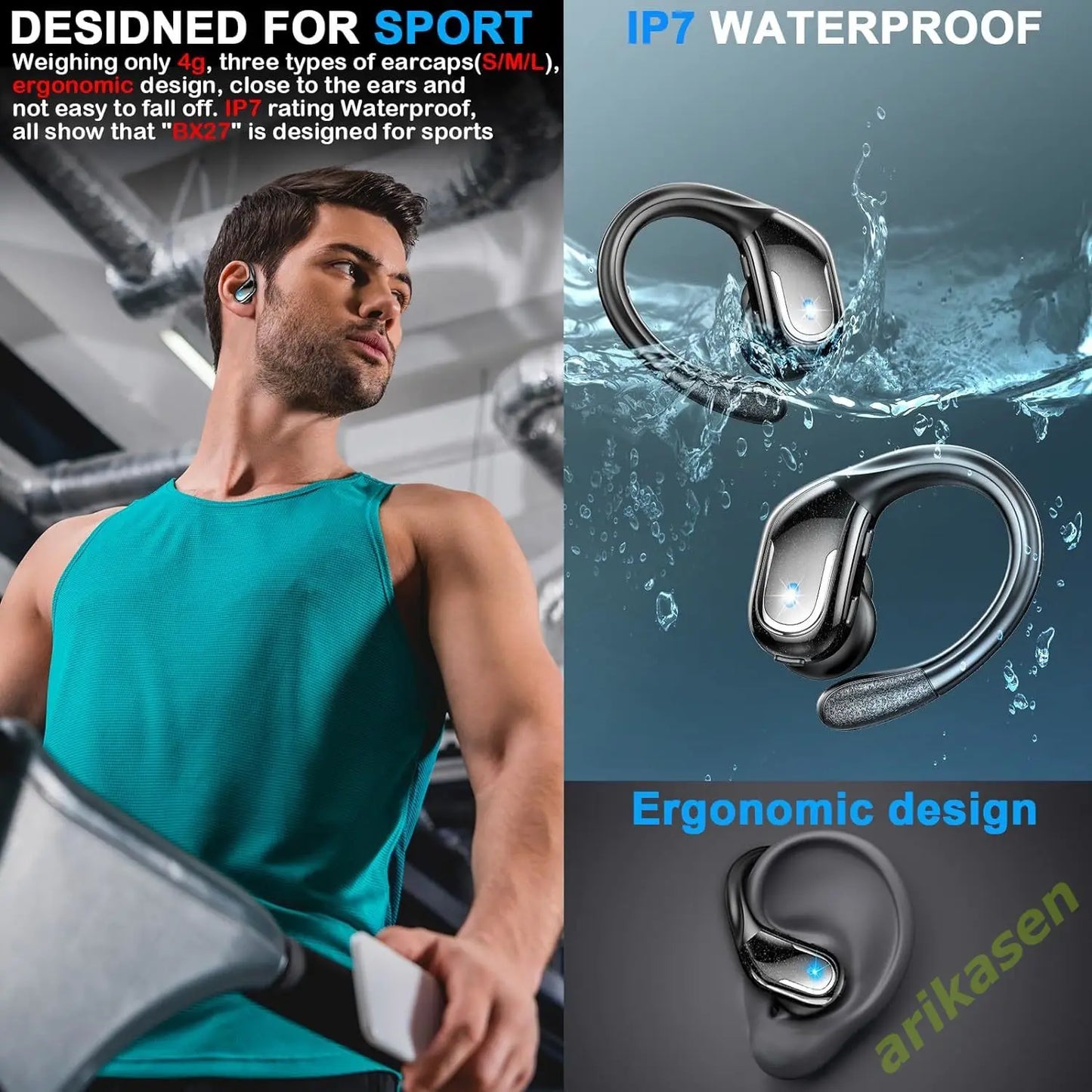 75Hrs Bluetooth 5.3 IP7 Waterproof Wireless Headphones