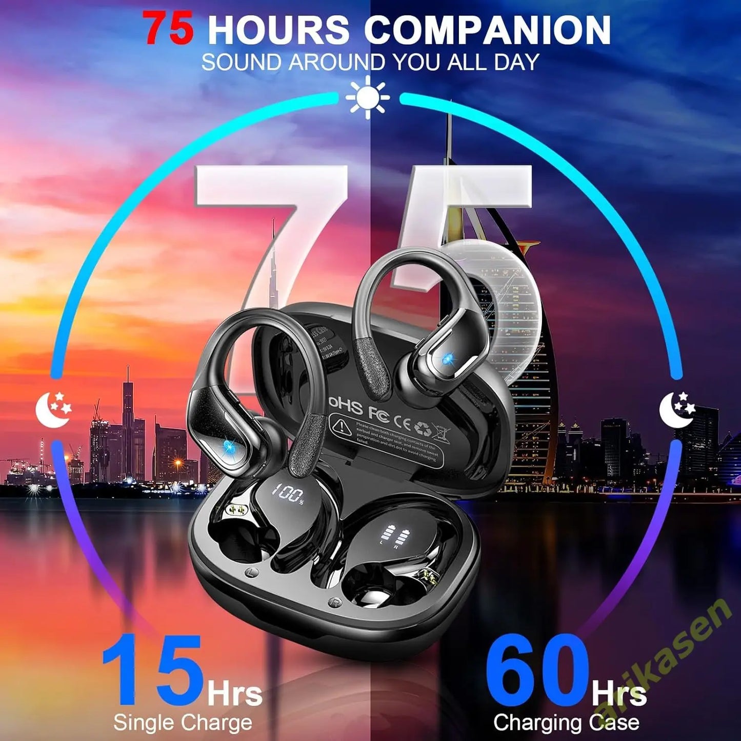 75Hrs Bluetooth 5.3 IP7 Waterproof Wireless Headphones