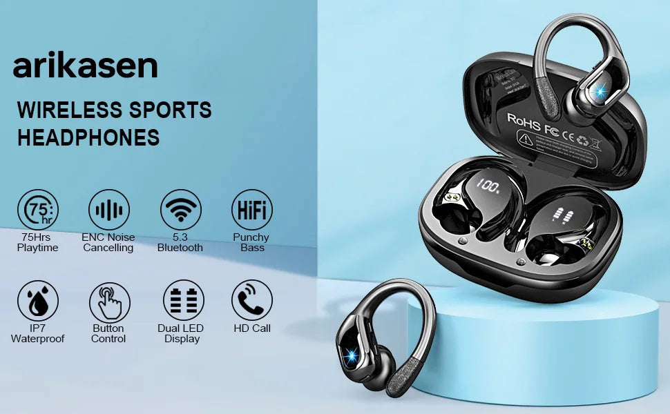 75Hrs Bluetooth 5.3 IP7 Waterproof Wireless Headphones